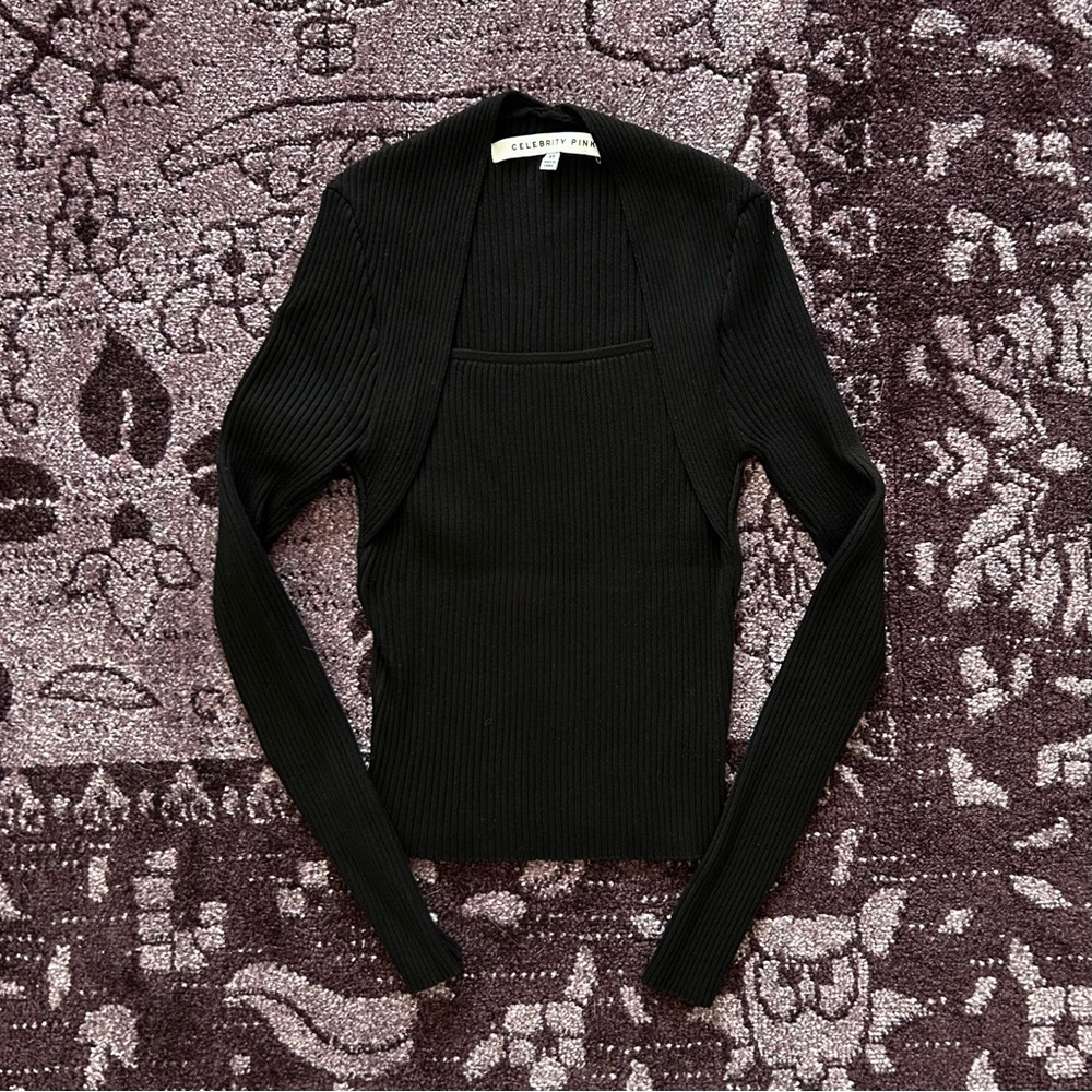 Celebrity Pink Black bolero style ribbed top
